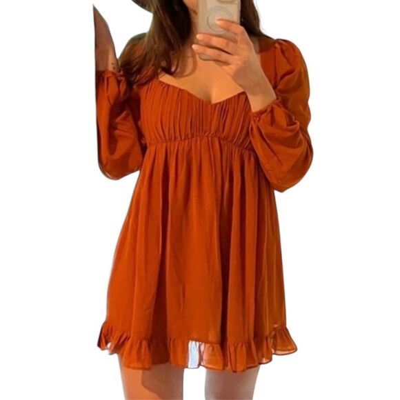 Abercrombie & Fitch Long-Sleeve Ruched Babydoll Mini Dress Size XLT Burnt Orange - Picture 1 of 9